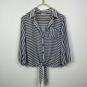 Pleione striped tie front button down sheer blouse size small